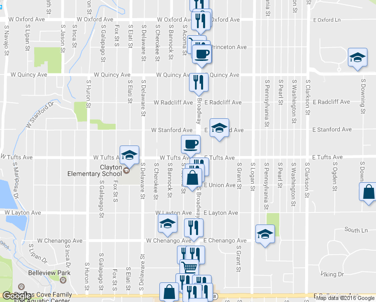 map of restaurants, bars, coffee shops, grocery stores, and more near 4580 South Acoma Street in Englewood