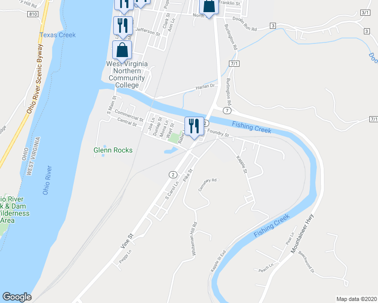 map of restaurants, bars, coffee shops, grocery stores, and more near Vine Street in New Martinsville