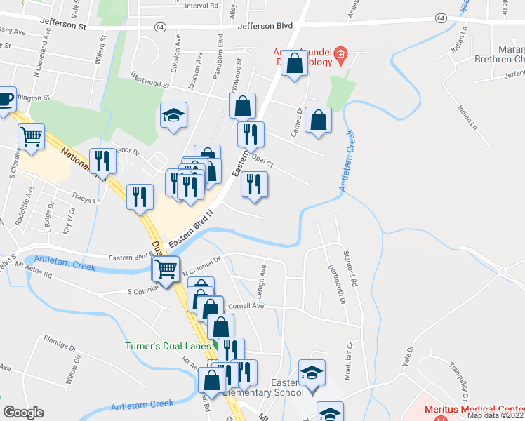 map of restaurants, bars, coffee shops, grocery stores, and more near 1140 Conrad Court in Hagerstown