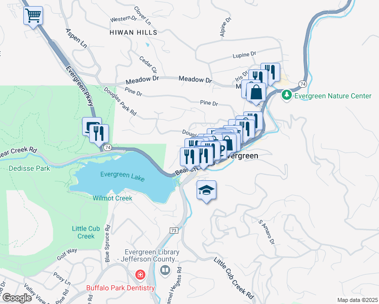 map of restaurants, bars, coffee shops, grocery stores, and more near 28500 Kinnikinick Road in Evergreen