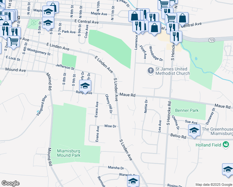 map of restaurants, bars, coffee shops, grocery stores, and more near 1101 Maue Road in Miamisburg