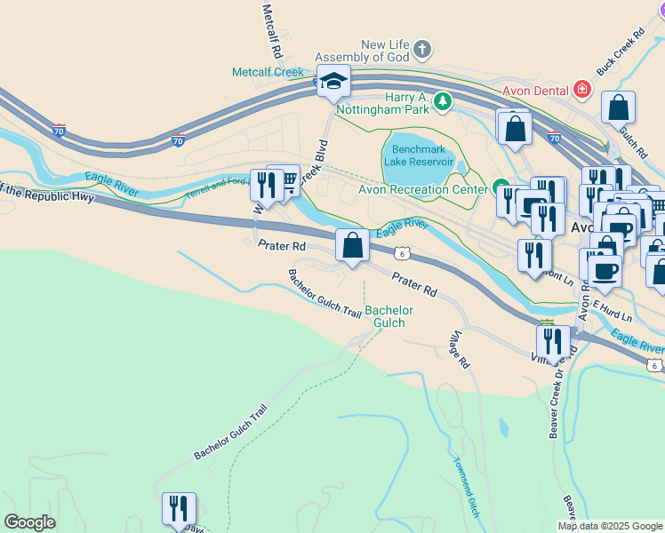 map of restaurants, bars, coffee shops, grocery stores, and more near 224 Bachelor Gulch Trail in Avon