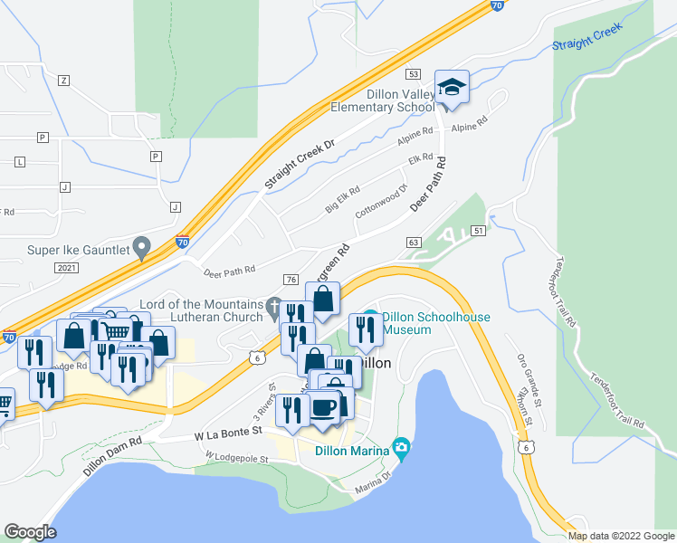 map of restaurants, bars, coffee shops, grocery stores, and more near 70 Evergreen Road in Dillon