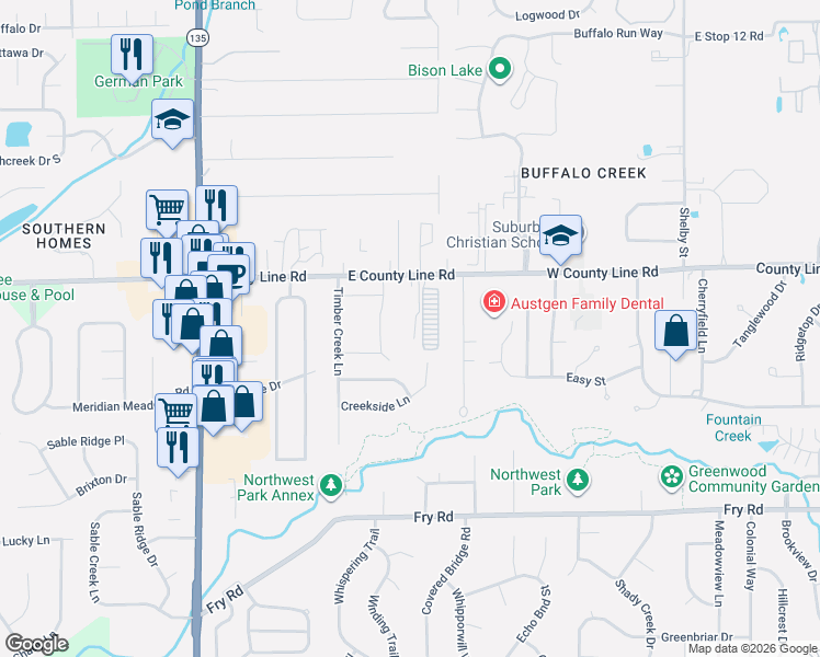 map of restaurants, bars, coffee shops, grocery stores, and more near 1487 West County Line Road in Greenwood