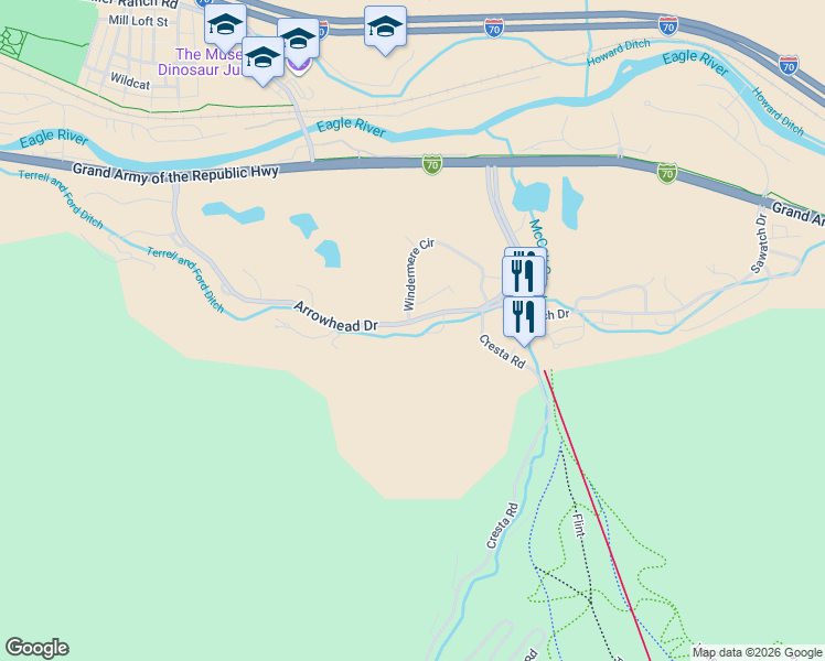 map of restaurants, bars, coffee shops, grocery stores, and more near 640 Arrowhead Drive in Edwards