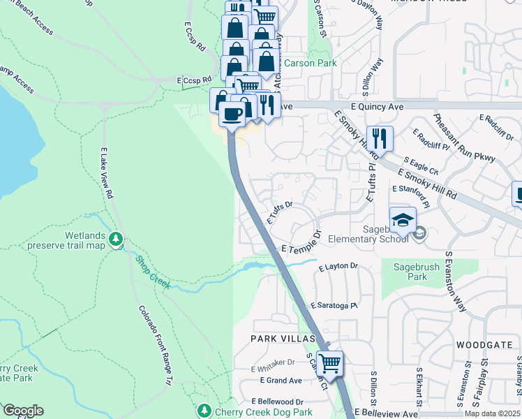 map of restaurants, bars, coffee shops, grocery stores, and more near in Aurora