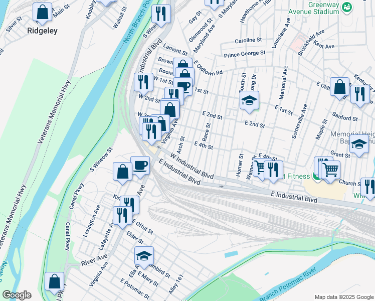 map of restaurants, bars, coffee shops, grocery stores, and more near 435 Grand Avenue in Cumberland
