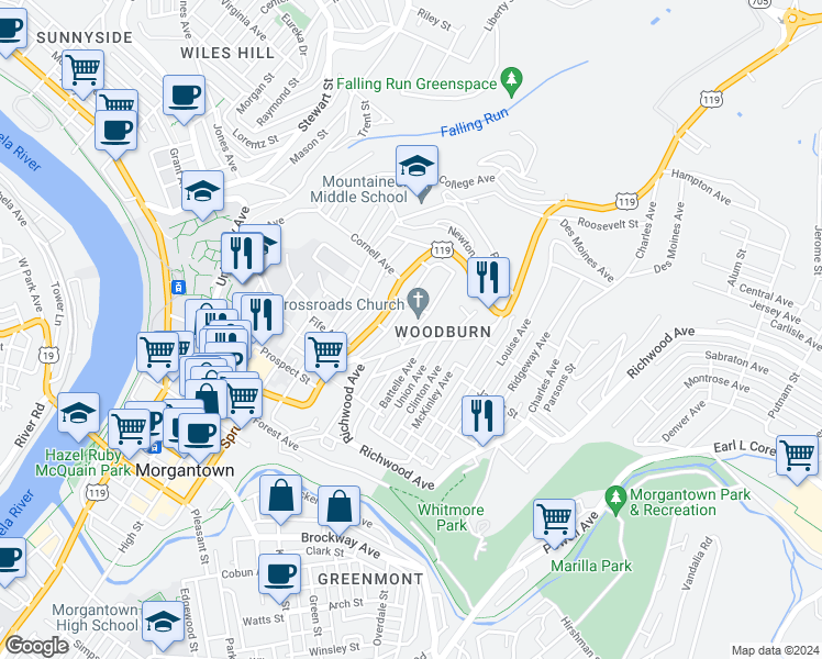 map of restaurants, bars, coffee shops, grocery stores, and more near 750 Snider Street in Morgantown