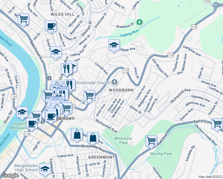 map of restaurants, bars, coffee shops, grocery stores, and more near 750 Snider Street in Morgantown
