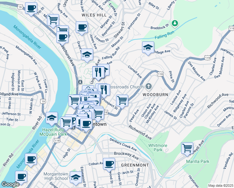 map of restaurants, bars, coffee shops, grocery stores, and more near 274 Wiles Street in Morgantown