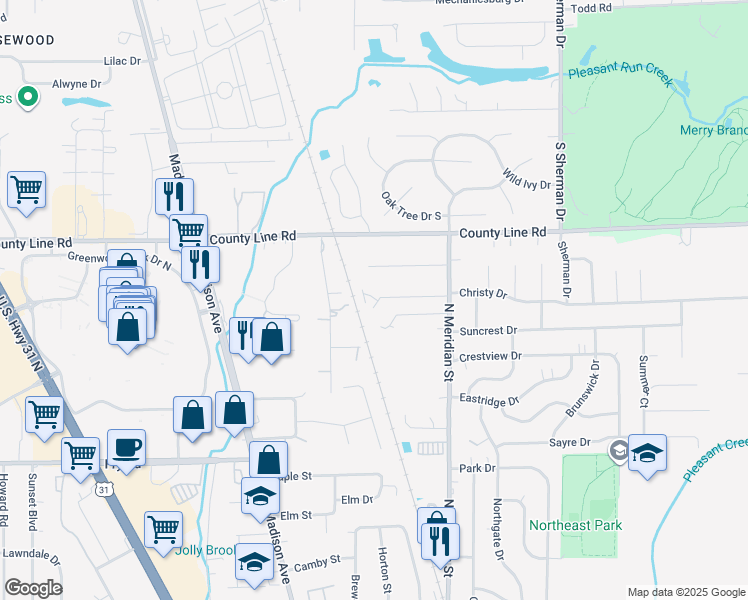 map of restaurants, bars, coffee shops, grocery stores, and more near 95 Paz Drive West in Greenwood