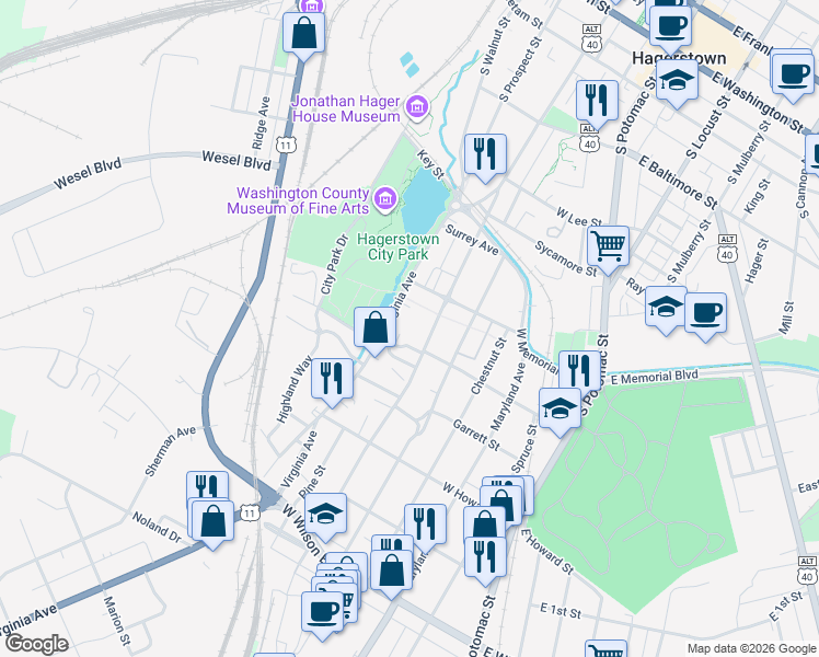 map of restaurants, bars, coffee shops, grocery stores, and more near 535 Summit Avenue in Hagerstown