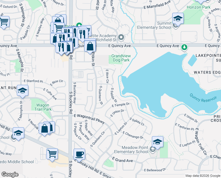 map of restaurants, bars, coffee shops, grocery stores, and more near 4535 South Salida Street in Aurora