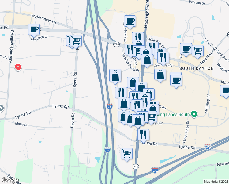 map of restaurants, bars, coffee shops, grocery stores, and more near 155 Prestige Place in Miamisburg