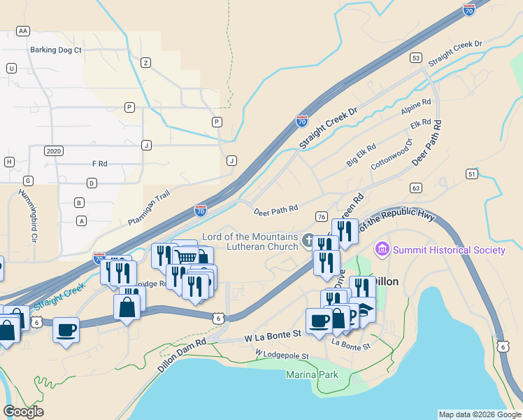 map of restaurants, bars, coffee shops, grocery stores, and more near 600 Piney Acres Circle in Montezuma