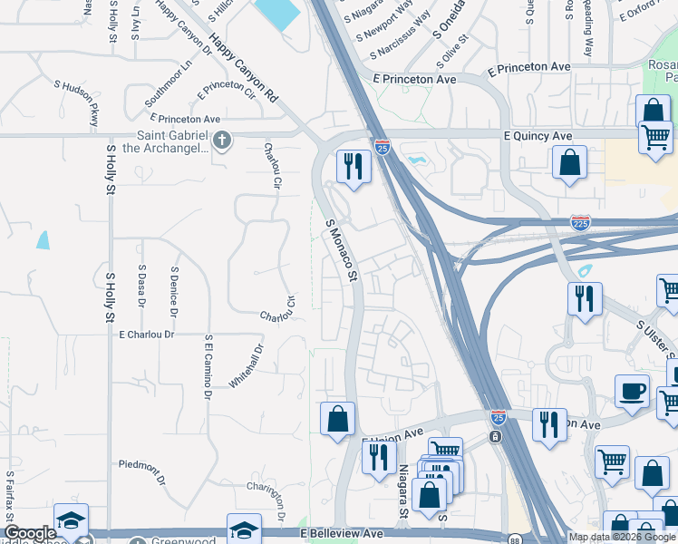 map of restaurants, bars, coffee shops, grocery stores, and more near 4545 South Monaco Street in Denver