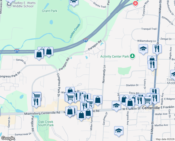 map of restaurants, bars, coffee shops, grocery stores, and more near 7699 Essington Circle in Dayton