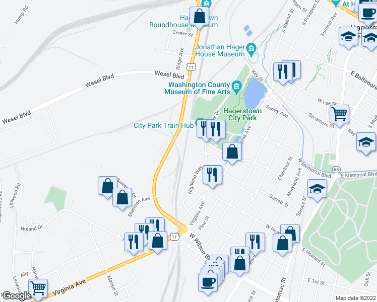 map of restaurants, bars, coffee shops, grocery stores, and more near 741 Sunset Ave in Hagerstown