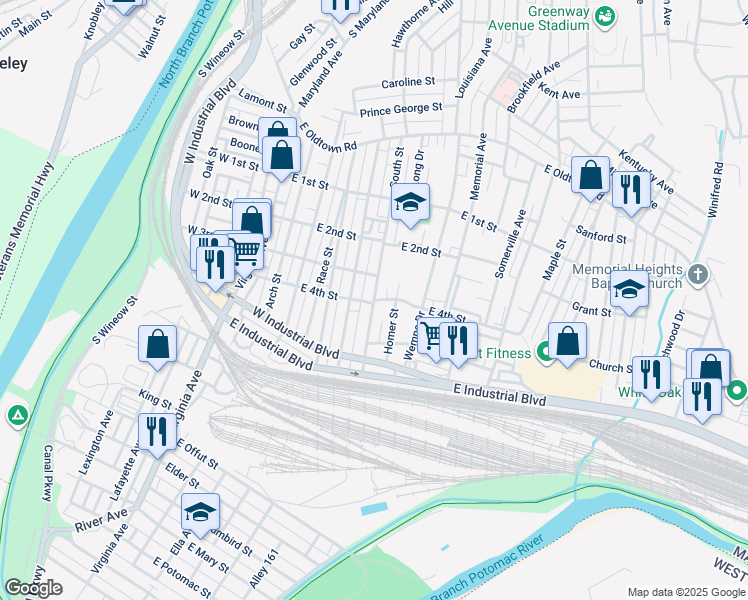 map of restaurants, bars, coffee shops, grocery stores, and more near 526 East 4th Street in Cumberland