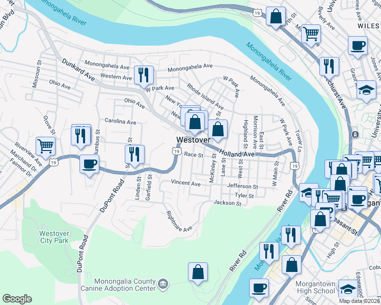 map of restaurants, bars, coffee shops, grocery stores, and more near 18 Cleveland Avenue in Westover