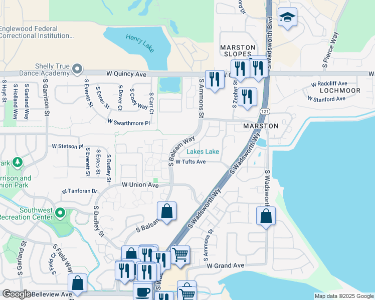 map of restaurants, bars, coffee shops, grocery stores, and more near 4560 South Balsam Way in Denver