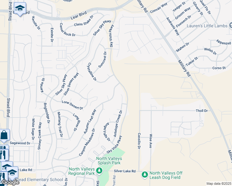 map of restaurants, bars, coffee shops, grocery stores, and more near 9725 Antelope Creek Drive in Reno