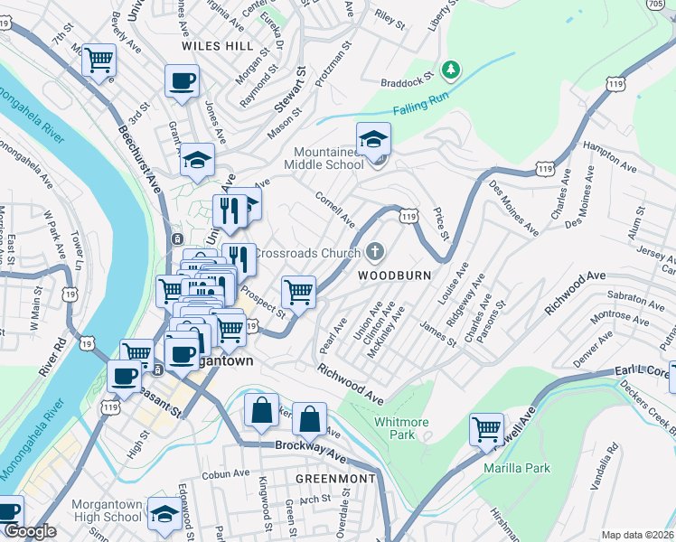 map of restaurants, bars, coffee shops, grocery stores, and more near 724 Weaver Street in Morgantown