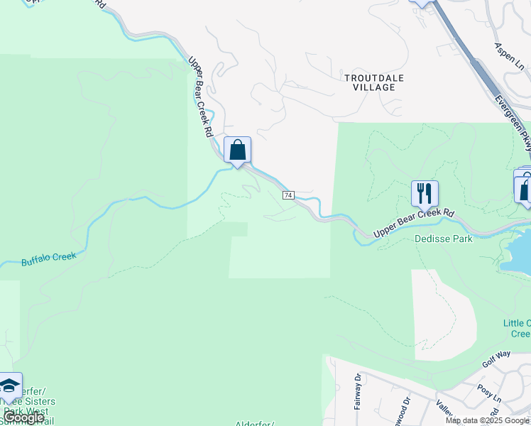 map of restaurants, bars, coffee shops, grocery stores, and more near 30134 Glen Eyrie Drive in Evergreen