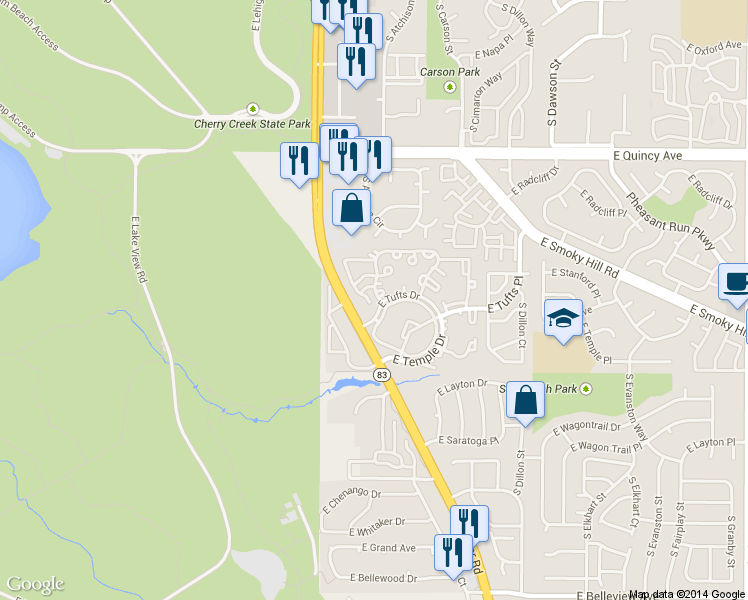 map of restaurants, bars, coffee shops, grocery stores, and more near 14032 East Tufts Drive in Aurora