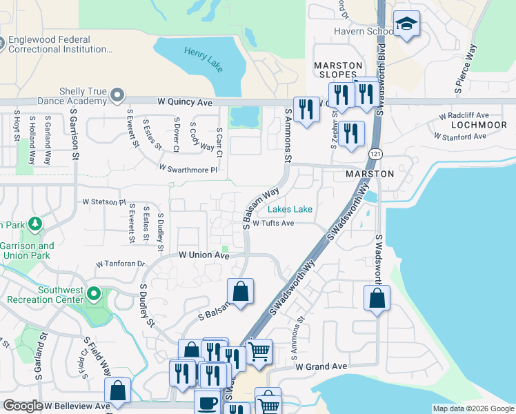 map of restaurants, bars, coffee shops, grocery stores, and more near 4560 South Balsam Way in Denver