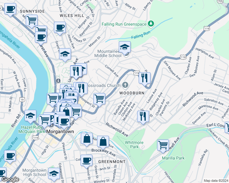 map of restaurants, bars, coffee shops, grocery stores, and more near 724 Weaver Street in Morgantown