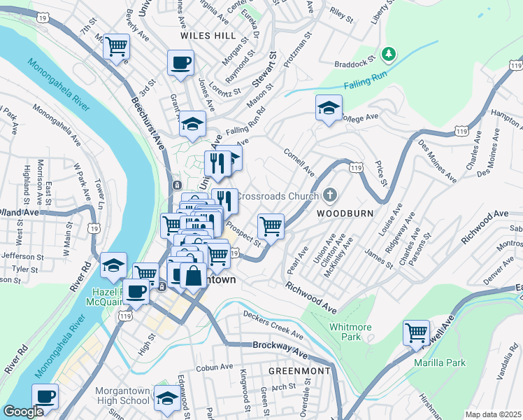 map of restaurants, bars, coffee shops, grocery stores, and more near 274 Wiles Street in Morgantown