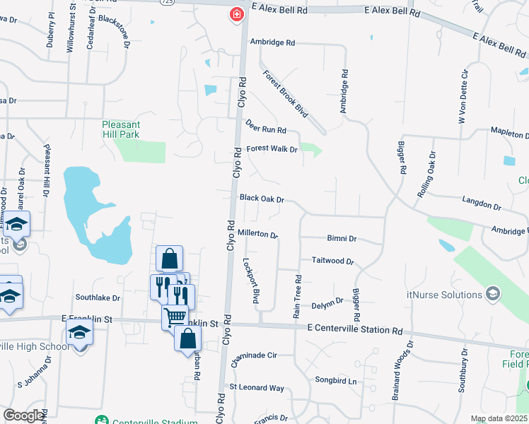 map of restaurants, bars, coffee shops, grocery stores, and more near 7800 Millerton Drive in Centerville