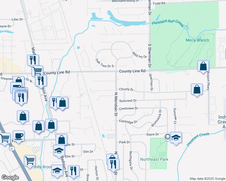 map of restaurants, bars, coffee shops, grocery stores, and more near 1067 North Meridian Street in Greenwood