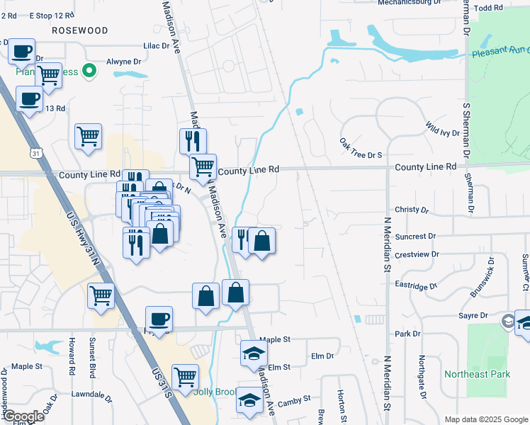 map of restaurants, bars, coffee shops, grocery stores, and more near 1150 Southbridge Circle in Greenwood