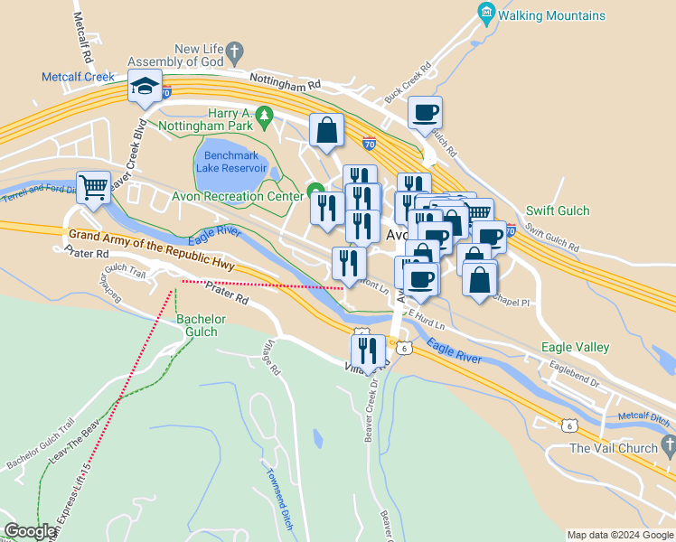 map of restaurants, bars, coffee shops, grocery stores, and more near Riverfront Lane in Avon
