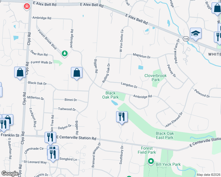 map of restaurants, bars, coffee shops, grocery stores, and more near 1570 Ambridge Road in Centerville
