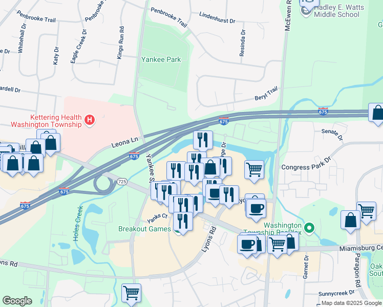map of restaurants, bars, coffee shops, grocery stores, and more near 7777 Washington Village Drive in Montgomery County