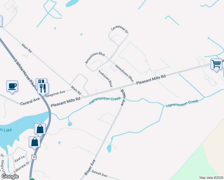 map of restaurants, bars, coffee shops, grocery stores, and more near Pleasant Mills Road in Hammonton