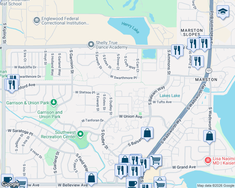 map of restaurants, bars, coffee shops, grocery stores, and more near 4602 South Dudley Street in Littleton