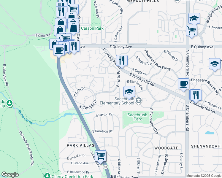 map of restaurants, bars, coffee shops, grocery stores, and more near 4624 South Crystal Way in Aurora