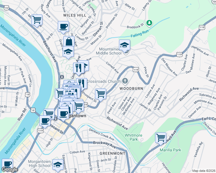 map of restaurants, bars, coffee shops, grocery stores, and more near 302 Glencoe Lane in Morgantown