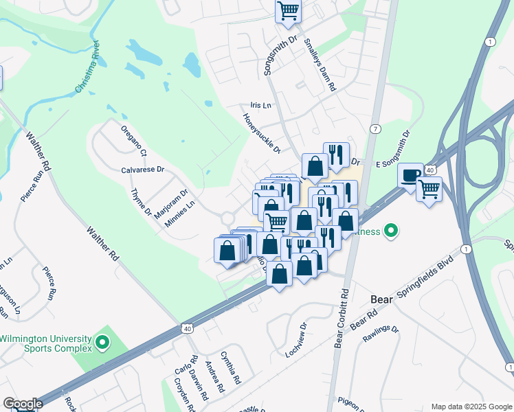 map of restaurants, bars, coffee shops, grocery stores, and more near 10 South Tribbit Avenue in Bear