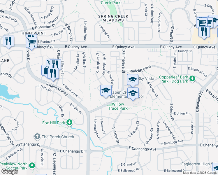map of restaurants, bars, coffee shops, grocery stores, and more near 4598 South Ireland Street in Aurora