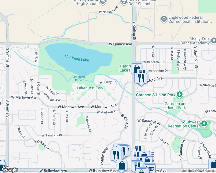 map of restaurants, bars, coffee shops, grocery stores, and more near 4534 South Lewis Court in Littleton