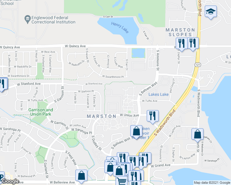 map of restaurants, bars, coffee shops, grocery stores, and more near 8700 West Stanford Avenue in Denver
