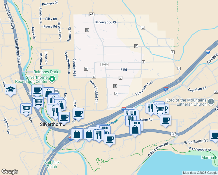 map of restaurants, bars, coffee shops, grocery stores, and more near Ptarmigan Trail in Silverthorne