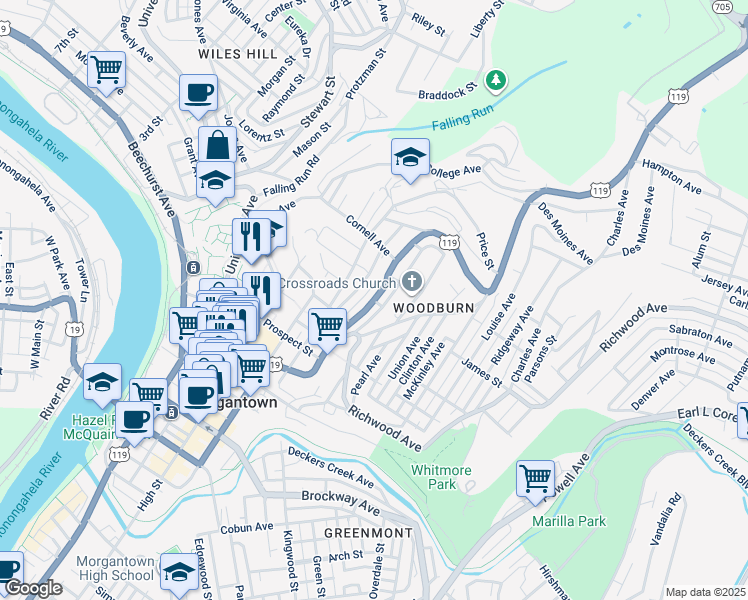 map of restaurants, bars, coffee shops, grocery stores, and more near 820 Naomi Street in Morgantown