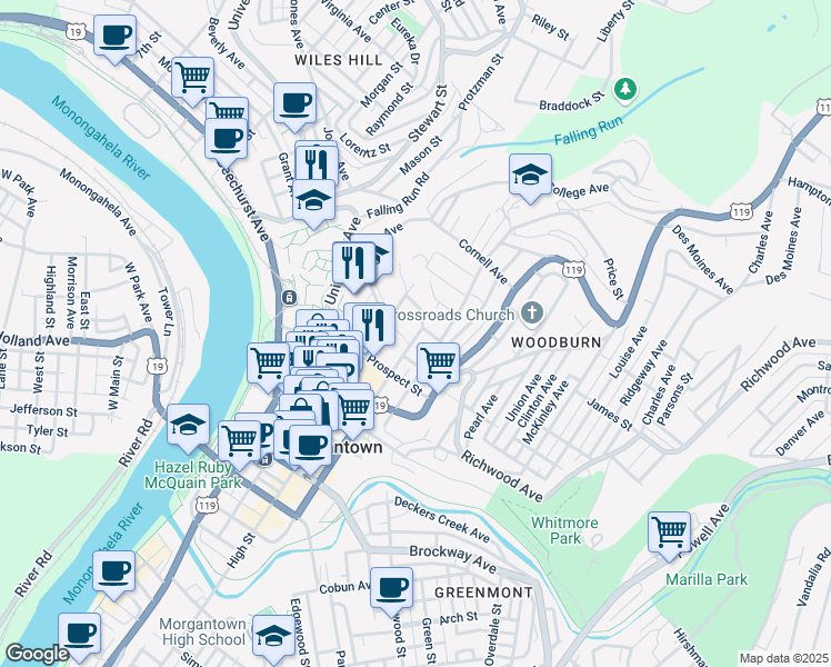 map of restaurants, bars, coffee shops, grocery stores, and more near 246 Fife Avenue in Morgantown