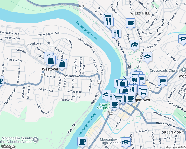 map of restaurants, bars, coffee shops, grocery stores, and more near 9 West Park Avenue in Morgantown